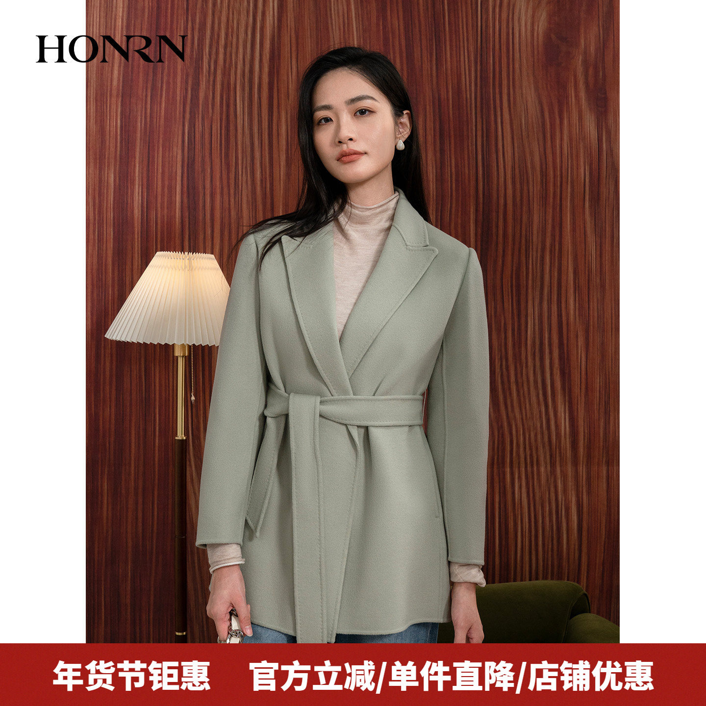 HONRN/红人气质系带收腰西装领羊毛呢子大衣外套女秋冬HI55OD037