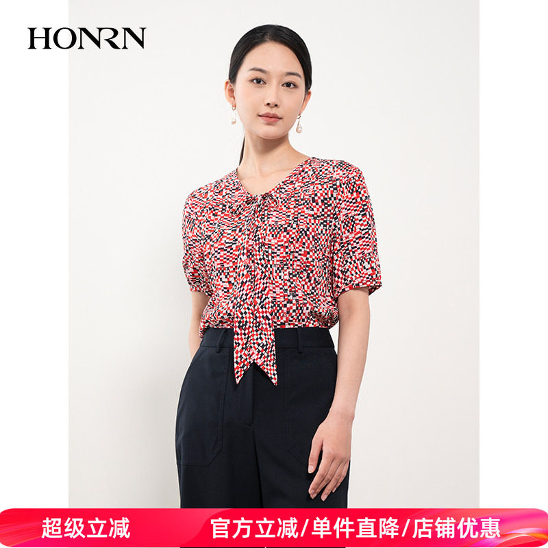 HONRN/红人休闲气质修身格子印花短袖衬衫上衣女款夏季HH22SY973
