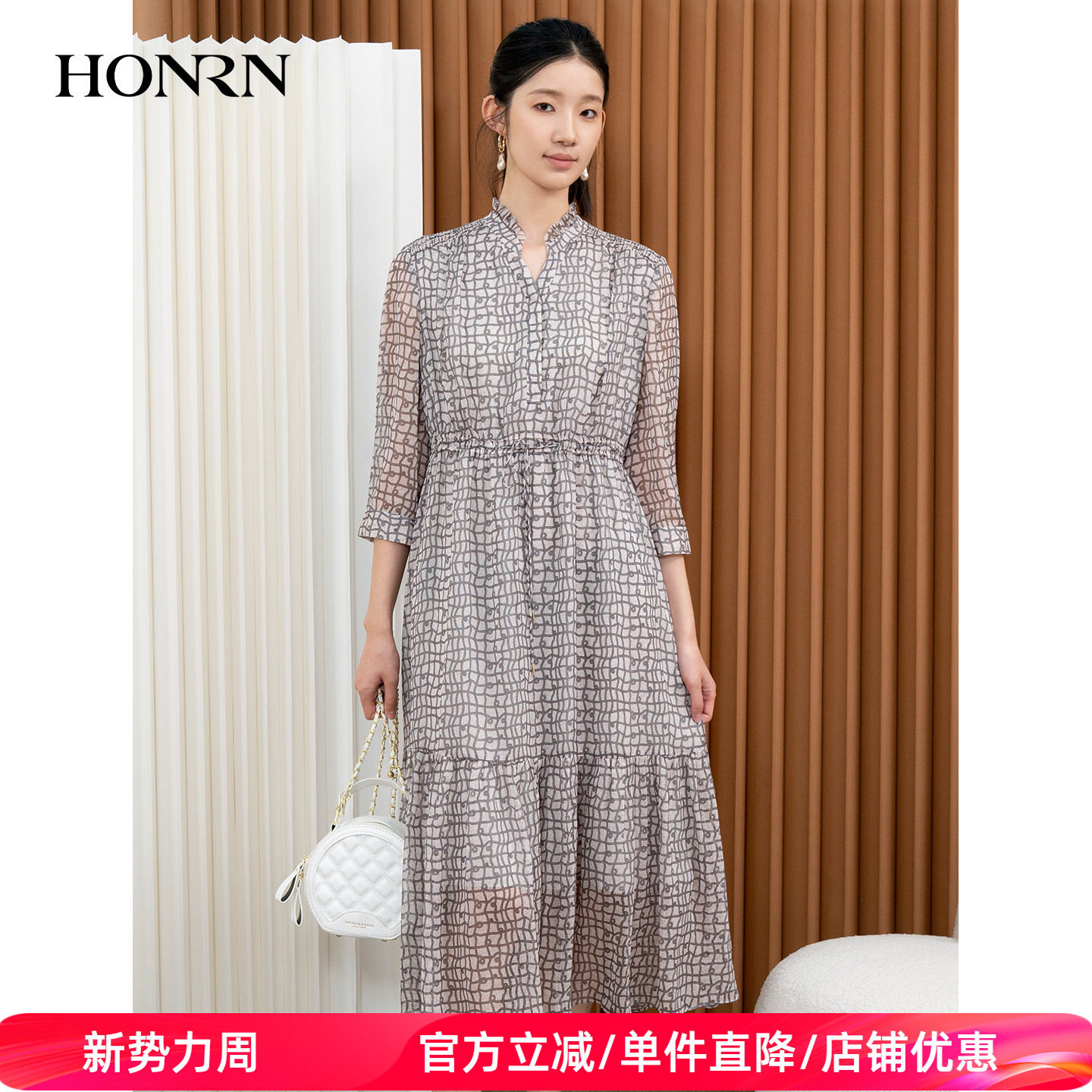 HONRN/红人优雅气质v领系带收腰显瘦印花连衣裙女春夏HI33OL011
