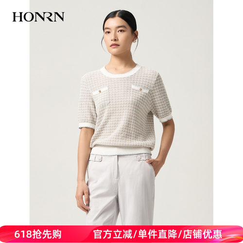 红人小香风格子短袖针织衫女夏