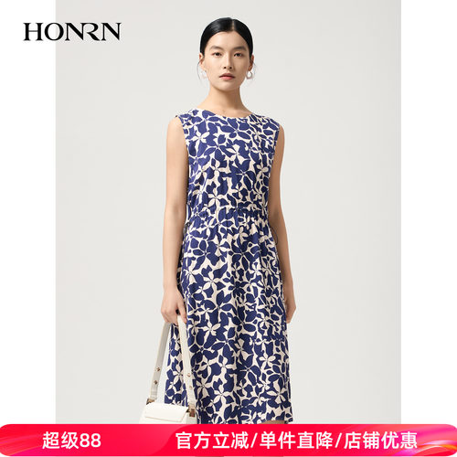 HONRN/红人收腰印花无袖连衣裙