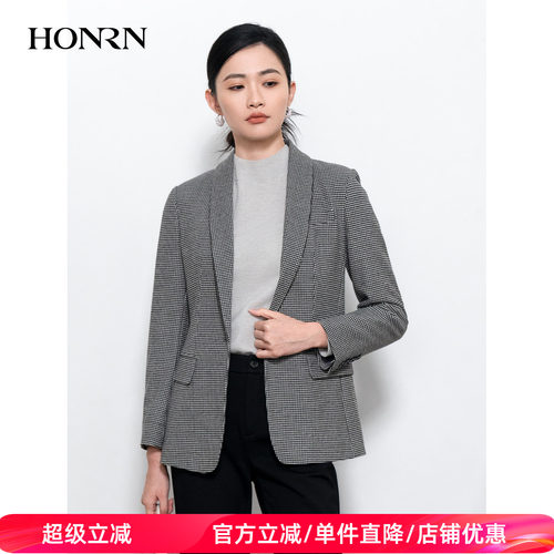 HONRN/红人千鸟格纹收腰西装外套