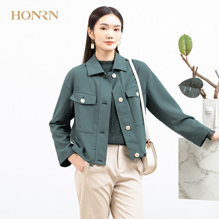 HONRN/红人休闲宽松绿色长袖短款外套设计感小众开衫上衣女春秋款