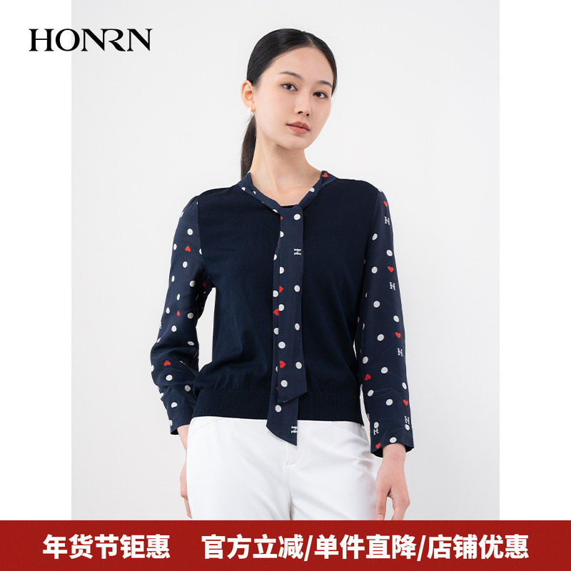 HONRN/红人修身领口系带短款长袖套头针织衫上衣女春秋HH11OM678