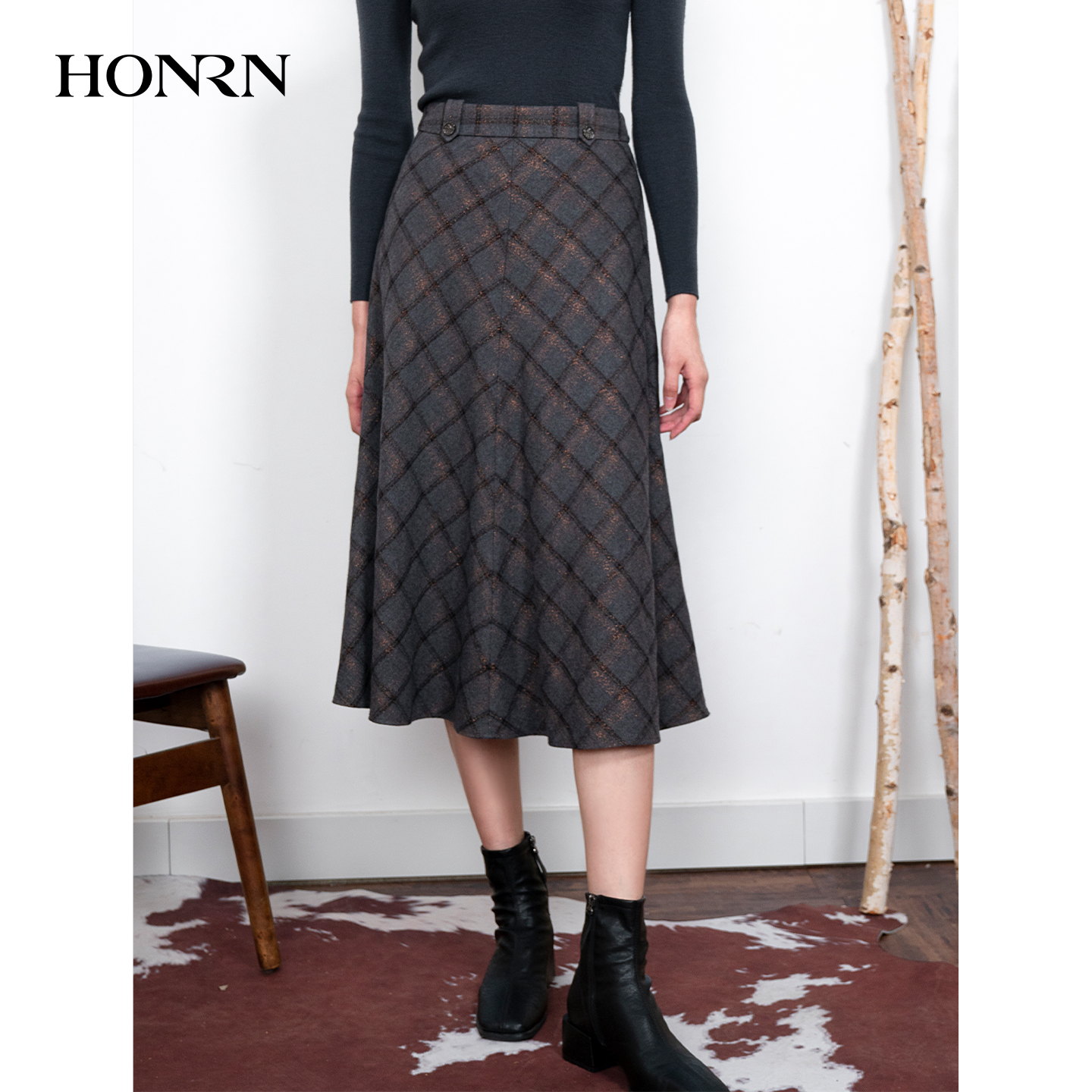 HONRN/红人a字羊毛呢子半身裙