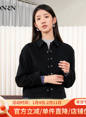 HONRN/红人黑色短款山羊绒羊毛呢子外套上衣女款秋冬HI55OS392