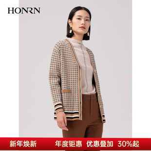 上衣外套女开衫 v领针织衫 HG55OM527 红人秋冬宽松格纹长袖 HONRN