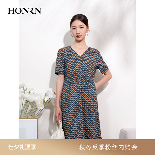 HONRN/红人印花v领短袖连衣裙