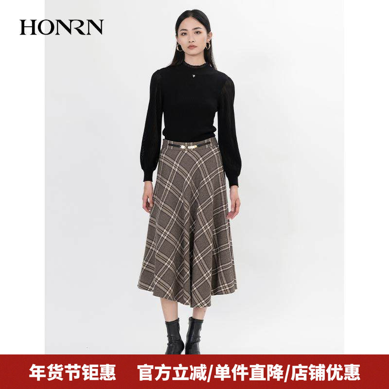 HONRN/红人格子格纹长裙子显瘦羊毛呢a字半身裙女秋冬款HH55OQ715