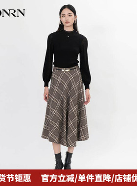 HONRN/红人格子格纹长裙子显瘦羊毛呢a字半身裙女秋冬款HH55OQ715