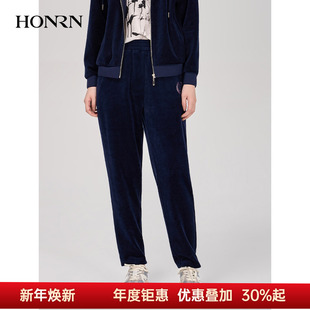 HI39OK026 垂感女秋季 HONRN 红人蓝色宽松直筒显瘦丝绒运动休闲裤