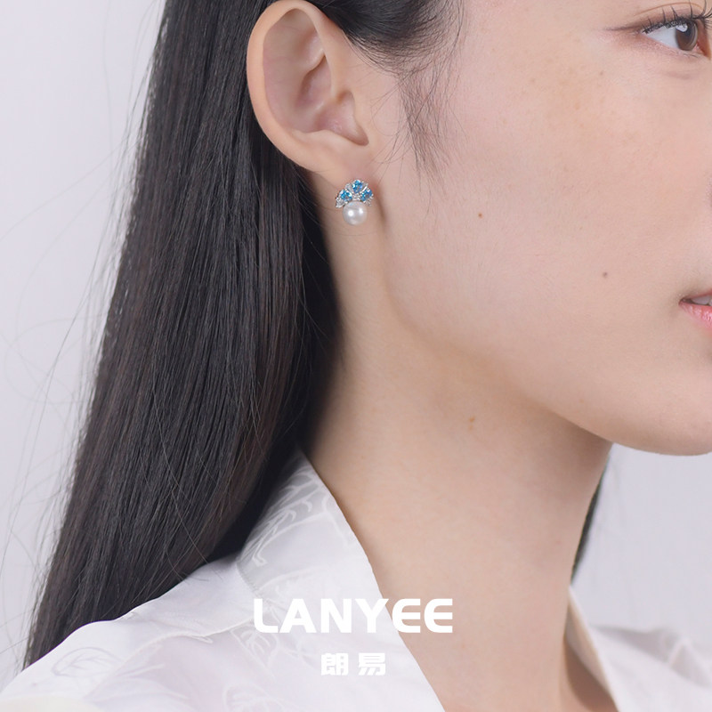 LANYEE冰雪蓝珍珠耳钉女设计师款蓝宝石小巧精致高级清新百搭耳饰