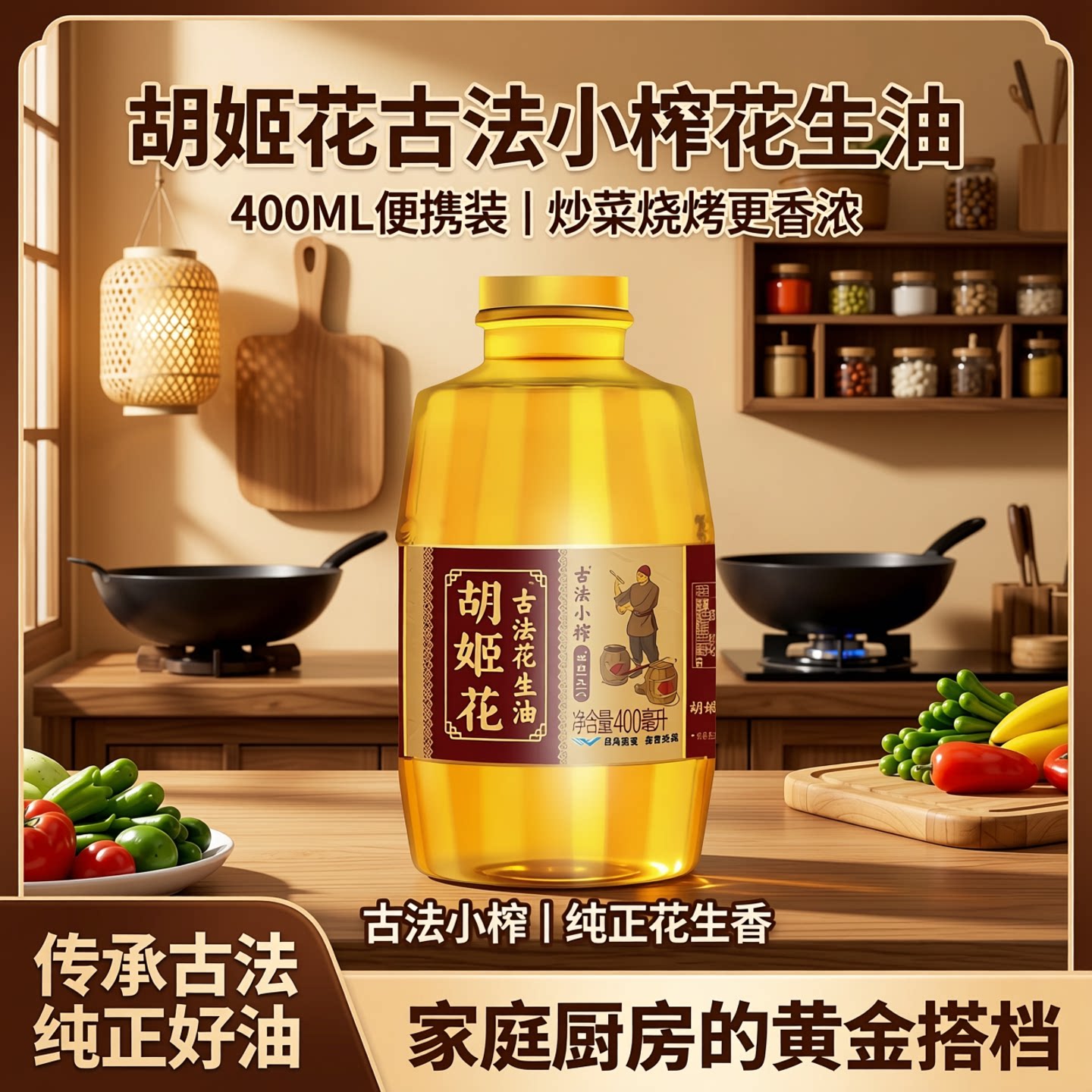 胡姬花古法小榨花生油400ML小瓶装便携炒菜家用烧烤