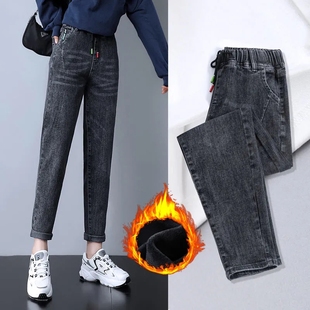 胖mm老爹长裤 弹力宽松高腰萝卜哈伦裤 女春秋冬新款 松紧腰牛仔裤