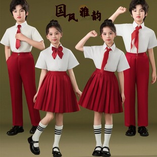儿童红歌合唱演出服红色主题男女童爱国诗歌朗诵中小学生表演班服