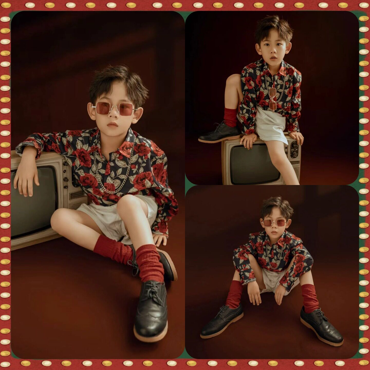 儿童复古怀旧港风演出服男童幼儿园8090年代花衬衫走秀个性潮服