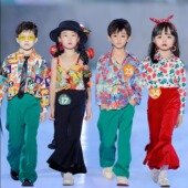 儿童复古港风演出服女童喇叭裤 走秀套装 8090年代小学生运动会表演