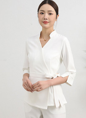 新款美容师工作服女高端美容院气质工服养生馆足疗技师服中袖套装