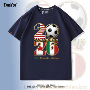 2026世界杯纪念印花短袖T恤男纯棉宽松足球运动定制球迷半袖上衣