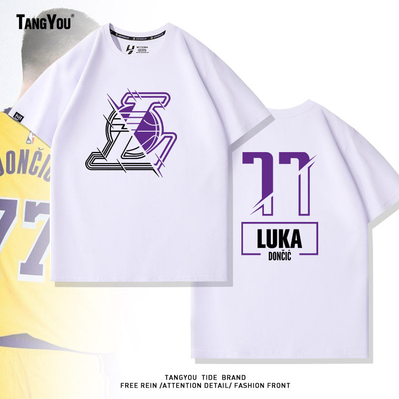 湖人队卢卡东契奇短袖T恤男美式篮球运动训练服宽松纯棉休闲半袖