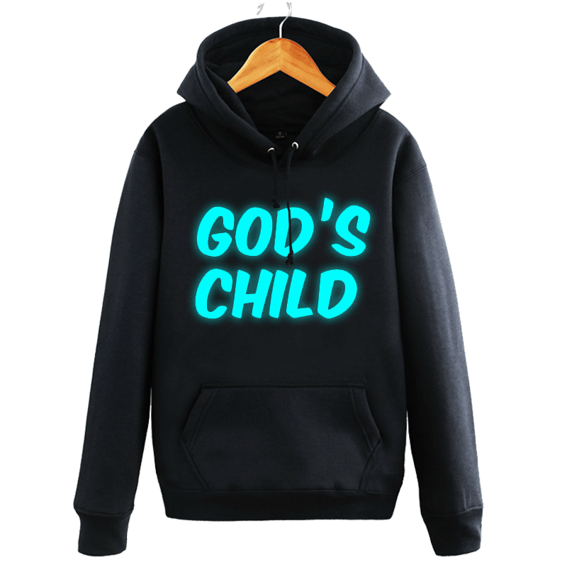 创意趣味字母印花卫衣god's child男女休闲加绒连帽外套夜光衣服