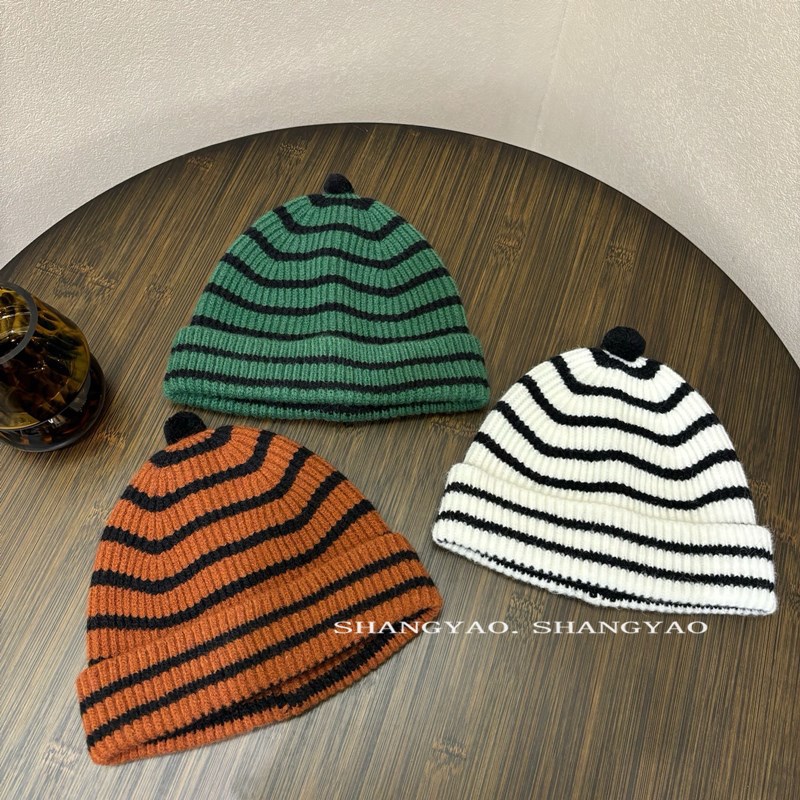 韩版潮牌小众条纹针织冷帽女秋冬