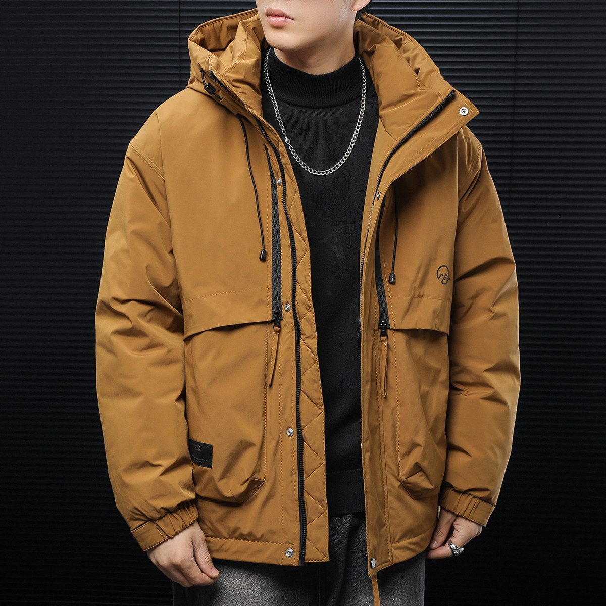 帅气90灰鸭绒羽绒服男士工装连帽