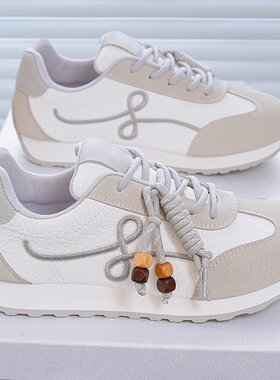 软皮丑萌增高德训鞋女2026秋季百搭时尚串珠系带小白鞋休闲运R-13