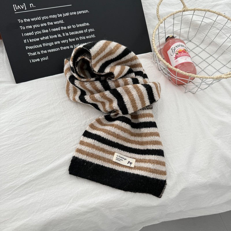 韩系复古撞色条纹仿羊绒针织围巾女保暖秋冬季防寒围脖百搭洋SD78