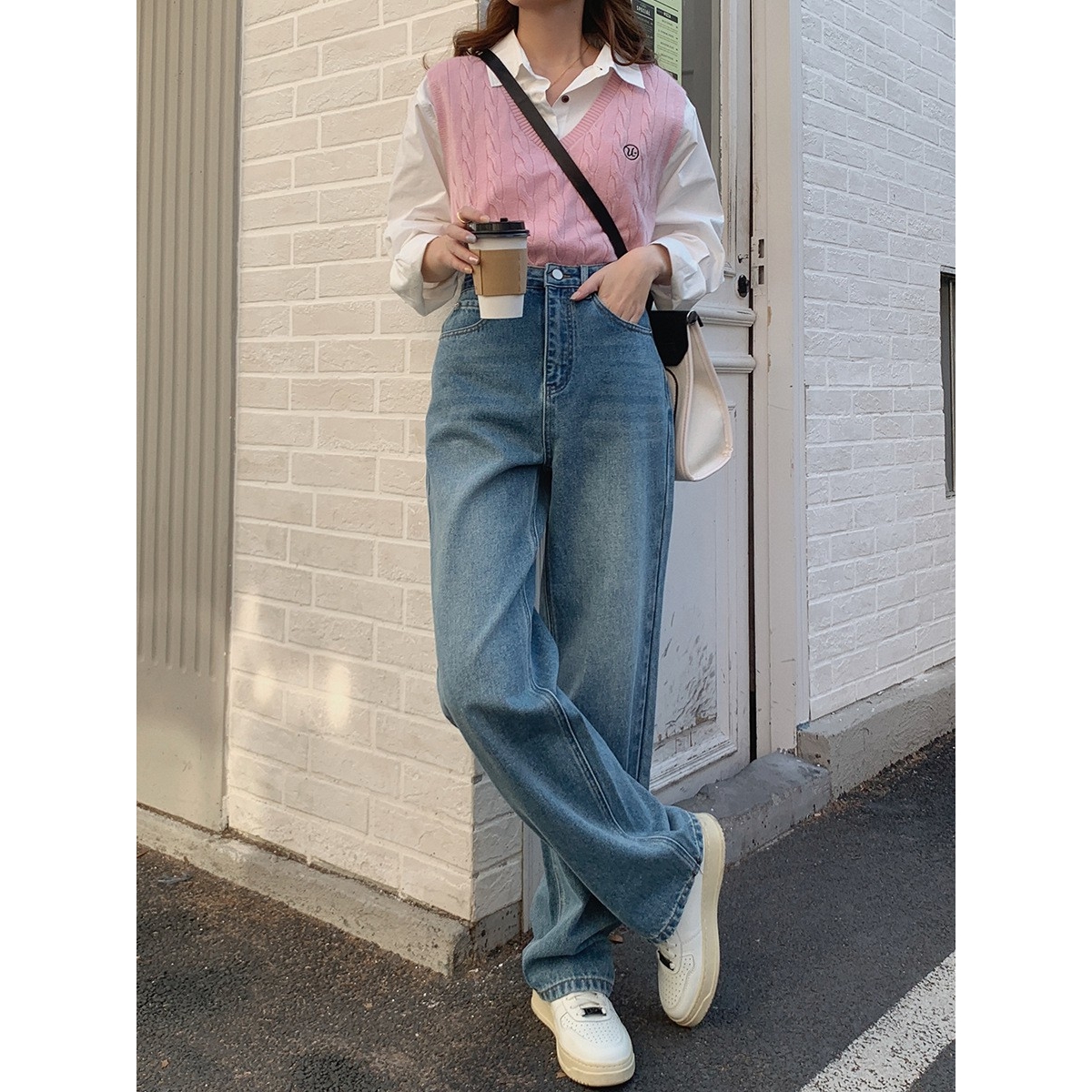 新款高腰显瘦直筒裤韩版怀旧堆叠拖地牛仔裤女ce46