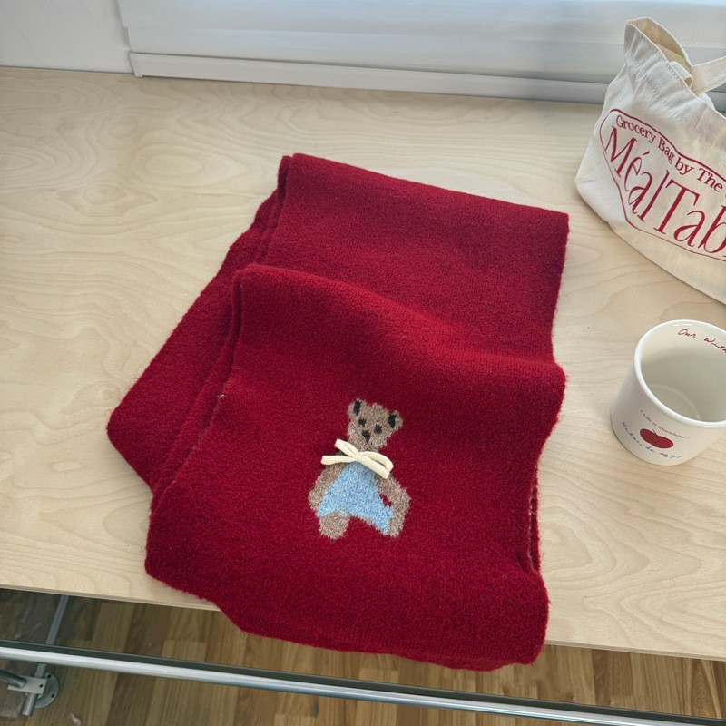 新款可爱小熊打个蝴蝶结纯色针织围巾女冬季氛围感韩系日系围SD79