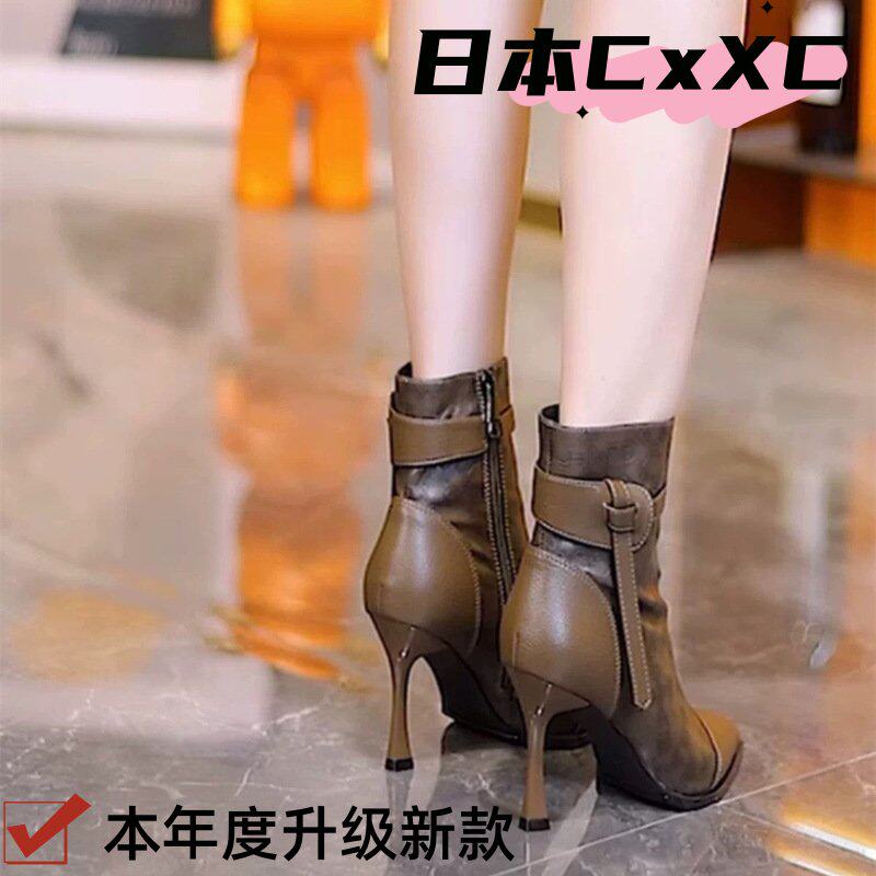 法式时尚侧拉链尖头细跟高跟靴秋冬季高级感优雅瘦瘦靴小短靴YY87