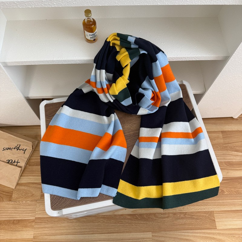 法式彩虹撞色条纹针织长款围巾女新款秋冬保暖百搭洋气时尚围SD22