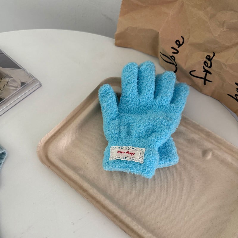 奶油状毛绒绒纯色系外出骑行保暖五指分开手套韩系女主针织学SD48