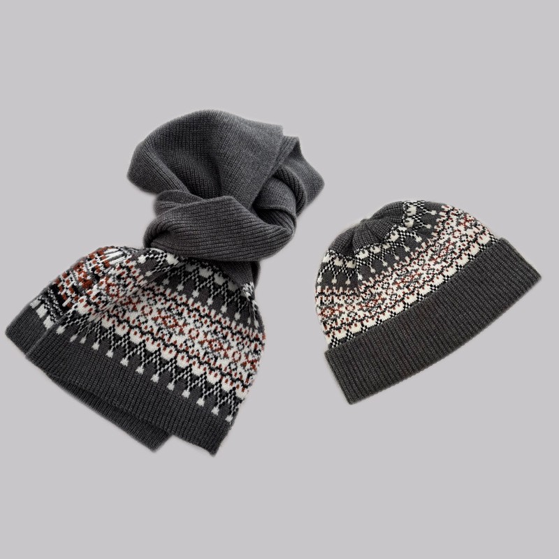 【套装】菱形费尔岛花纹针织帽子围巾文艺高级组合秋冬保暖两SD86