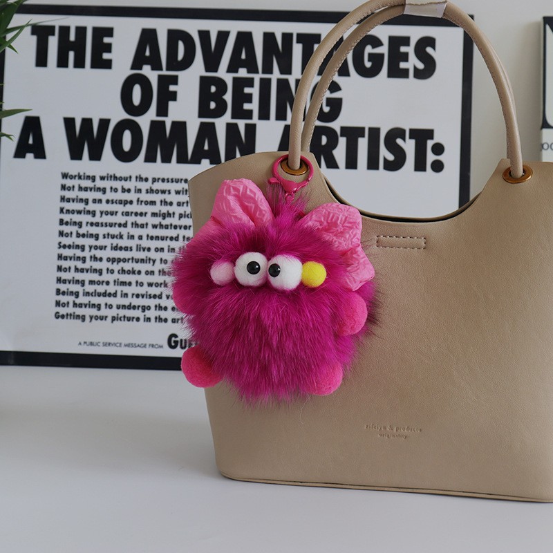 可爱真狐狸毛蝴蝶结大眼煤球包挂件背包配饰汽车钥匙扣公仔礼HB75