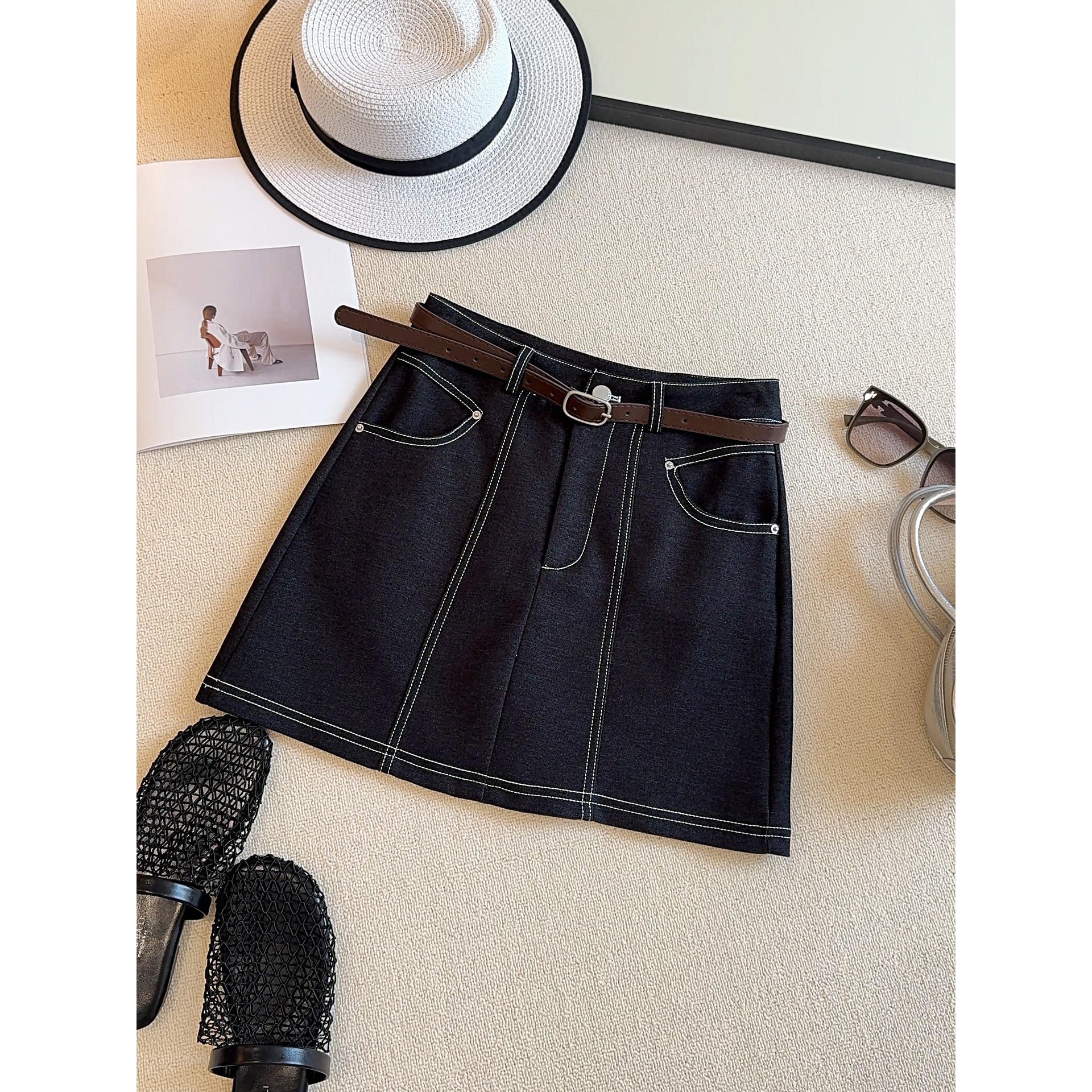 25新款仿牛仔半身裙短裙拼接高腰直筒包臀裙短款修身小个子Ab229