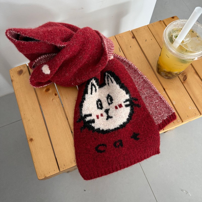 原创设计卡通可爱小秋冬氛围感红色波点围巾女韩系学生针织围SD47