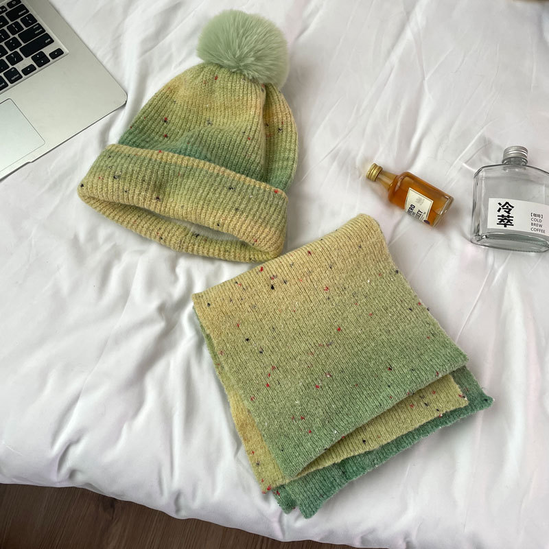 羊毛混纺复古渐变翻边毛线帽围巾套装秋冬男女潮冷帽保暖围脖SD59