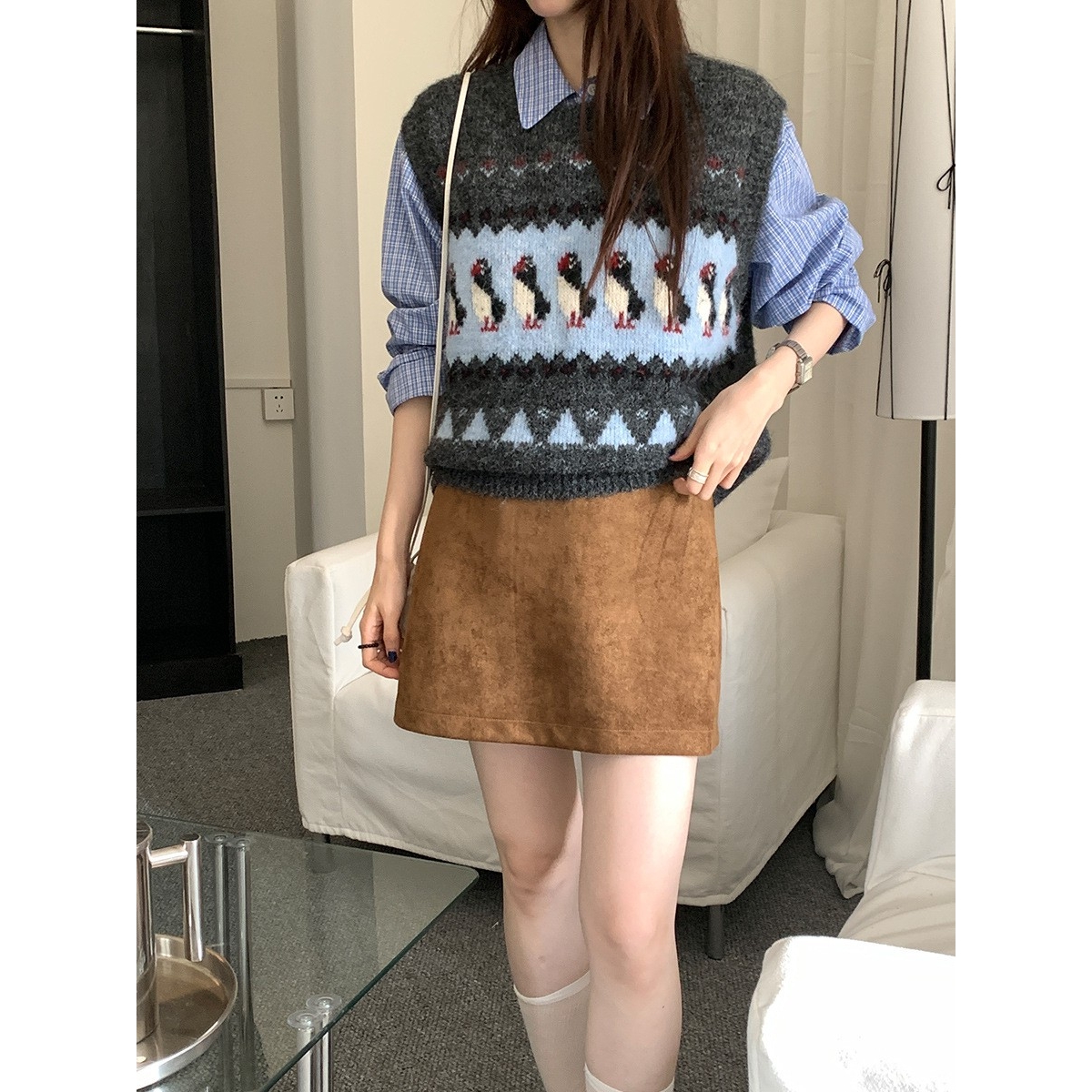 美拉德麂皮绒防走光高腰半身裙女秋季新款韩系复古显瘦a字短ce21