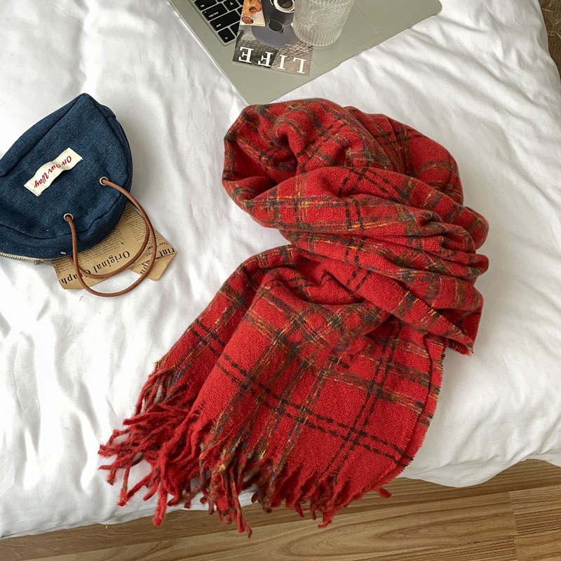围巾女秋冬季韩版高级感2024新款小清新格子流苏保暖披肩加厚SD06