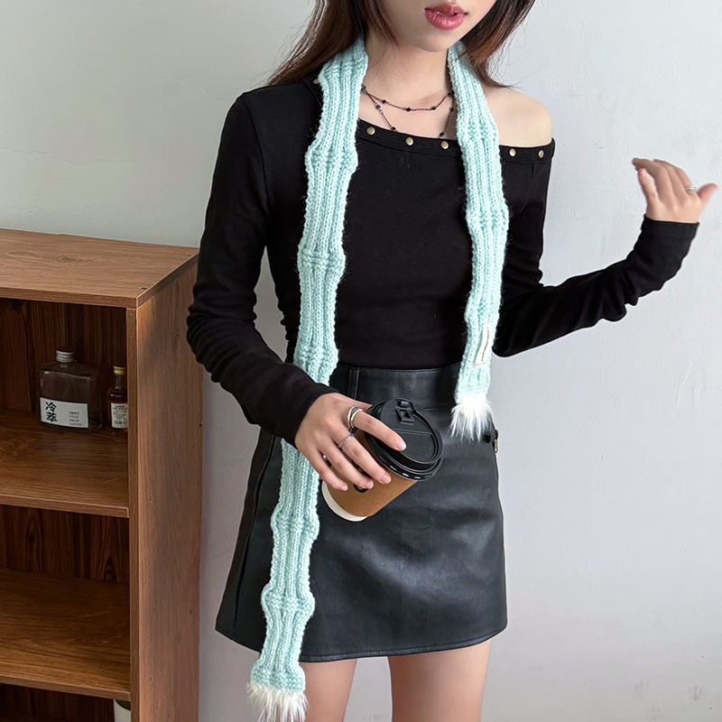 纯色粗针腊肠围巾秋冬辣妹韩国小众设计含羊毛窄细条SD20