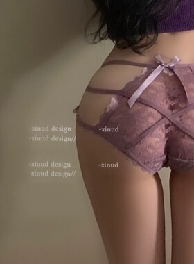 紫色微醺*性感蜜桃臀网纱蕾丝内裤纯欲交叉绑带蝴蝶结镂空三角裤