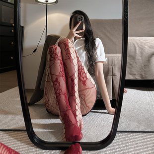 渔网袜镂空酒红色丝袜玫瑰提花网袜侧边镂空红色网格纯欲黑丝袜