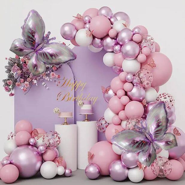 新款粉色蝴蝶气球布置装饰婚礼套装女孩生日派对拱门周岁拍摄套餐