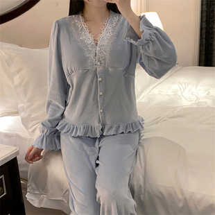 海岛绒带胸垫睡衣女款秋冬季加绒珊瑚绒甜美高级感家居服套装冬款