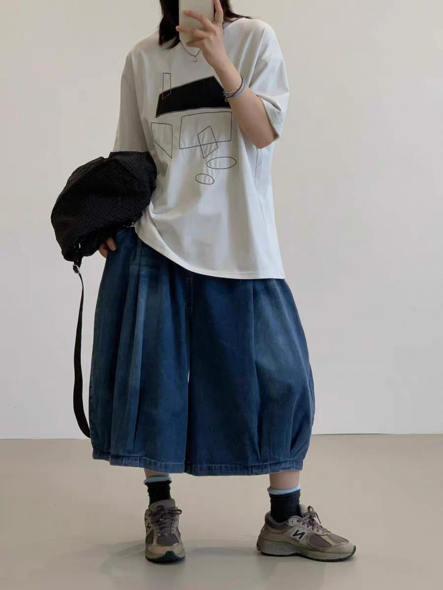 2026夏季新款打褶慵懒休闲风阔腿牛仔八分裤女宽松大码复古