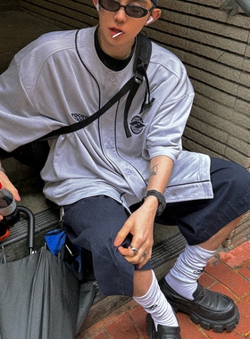 Aurocean 银灰色棒球开衫短袖 宽肩廓形速干鸟眼徽章刺绣大版球衣