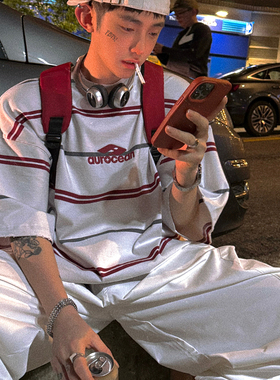 Aurocean元气少年红白撞色条纹T恤 定制针织重磅破损做旧大版短袖