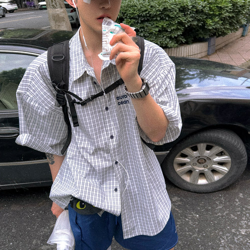Aurocean 学院少年感小格子短袖衬衫 轻凉纯棉宽松大版奶白色衬衣